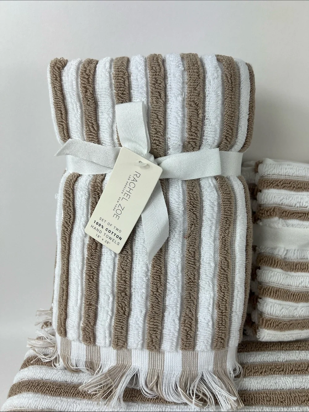 Rachel Zoe Bath Towel Set Beige White Striped with Fringe Soft Cotton 8 Pc NEW